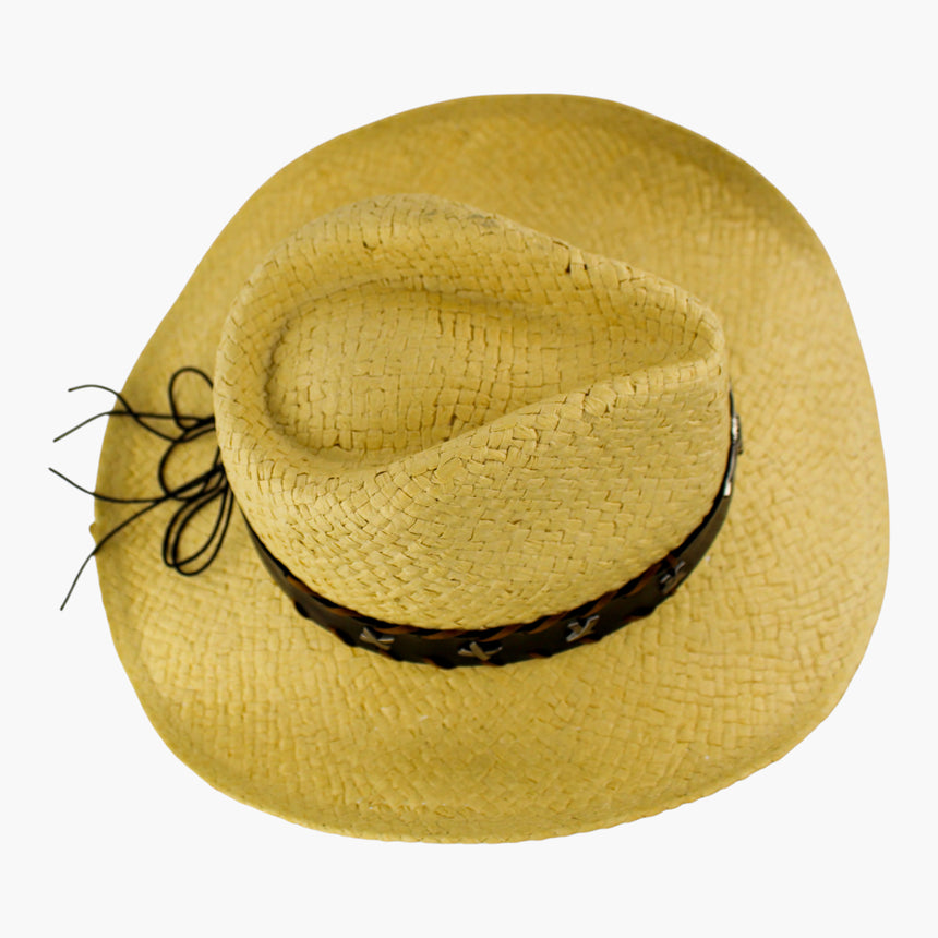 Longhorn-Medallion Straw Western hat, seen from above showing the crown crease and the cord ties splayed across the brim