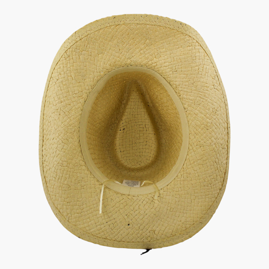 Longhorn-Medallion Straw Western hat, underside showing the grosgrain sweatband ring and the care label at the back