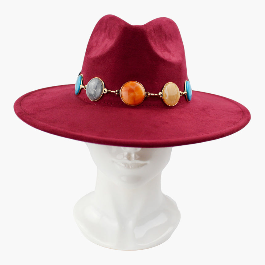 Marbled-Cabochon Faux-Suede Fedora hat, front view of the Burgundy colorway showing the orange-tone cabochon at center