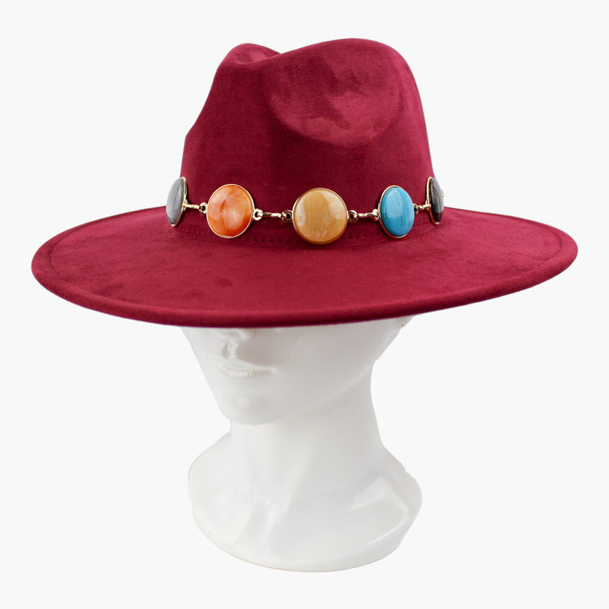 Marbled-Cabochon Faux-Suede Fedora hat, Burgundy colorway at a three-quarter angle showing the amber-tone cabochons in a row