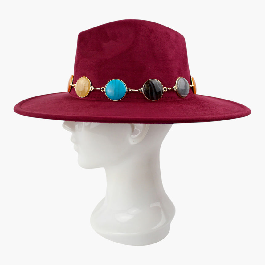 Marbled-Cabochon Faux-Suede Fedora hat, Burgundy colorway in profile showing the flat brim line and cabochons at the side