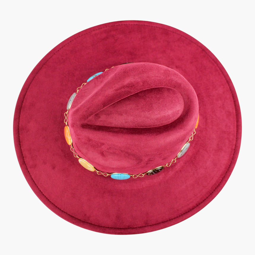 Marbled-Cabochon Faux-Suede Fedora hat, Burgundy colorway seen from above showing the deep center crease front to back