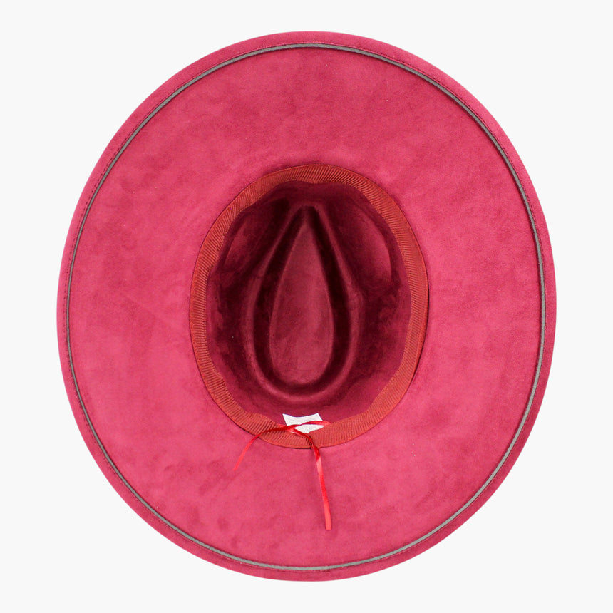Marbled-Cabochon Faux-Suede Fedora hat, underside of the Burgundy colorway showing the red adjuster cord below the sweatband