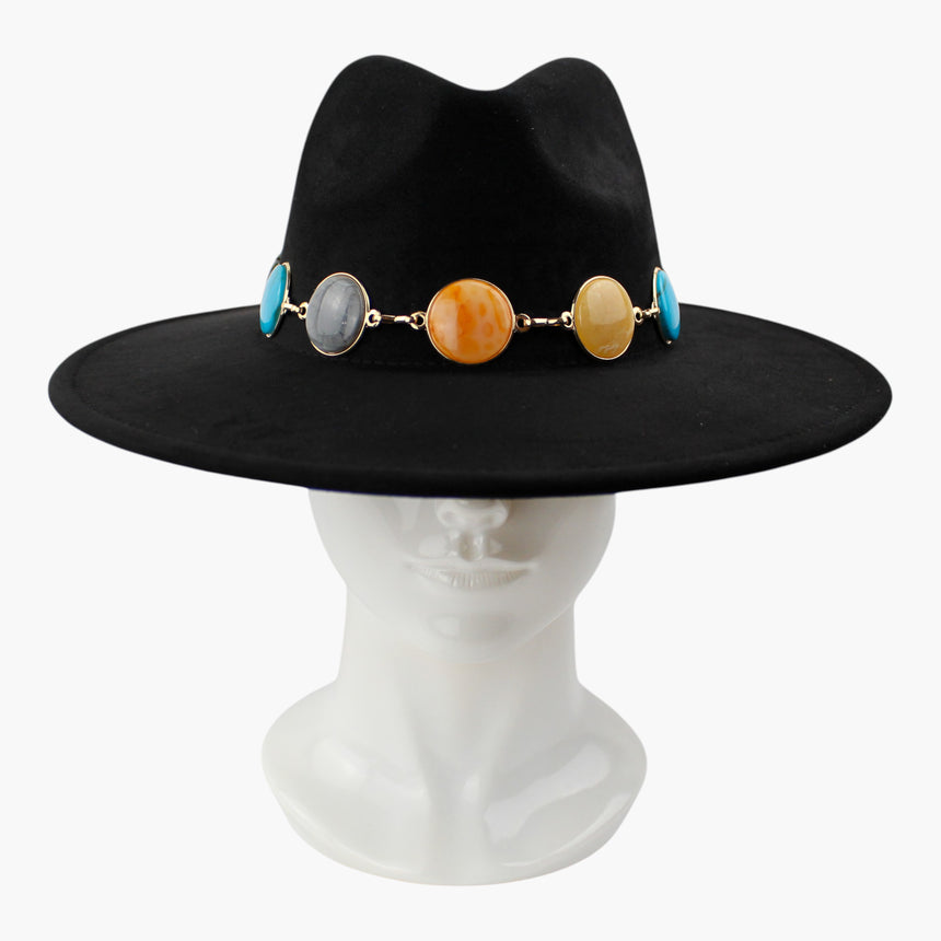 Marbled-Cabochon Faux-Suede Fedora hat, front view of the Black colorway showing the gray-tone cabochon beside the center one