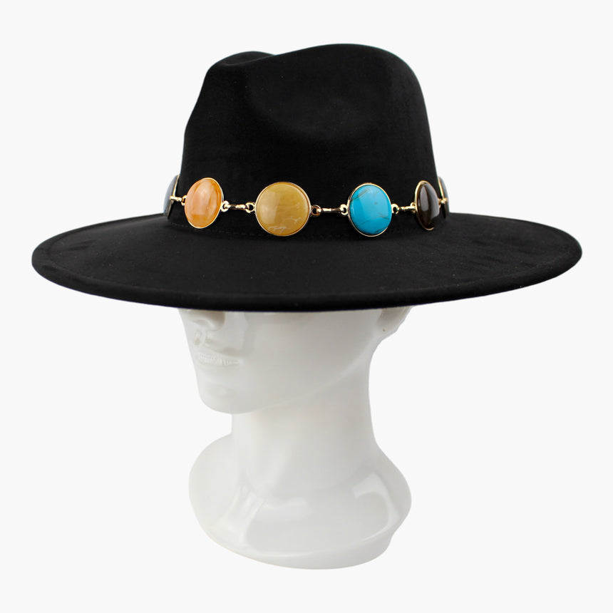 Marbled-Cabochon Faux-Suede Fedora hat, Black colorway at a three-quarter angle showing the chain band dropping to the brim