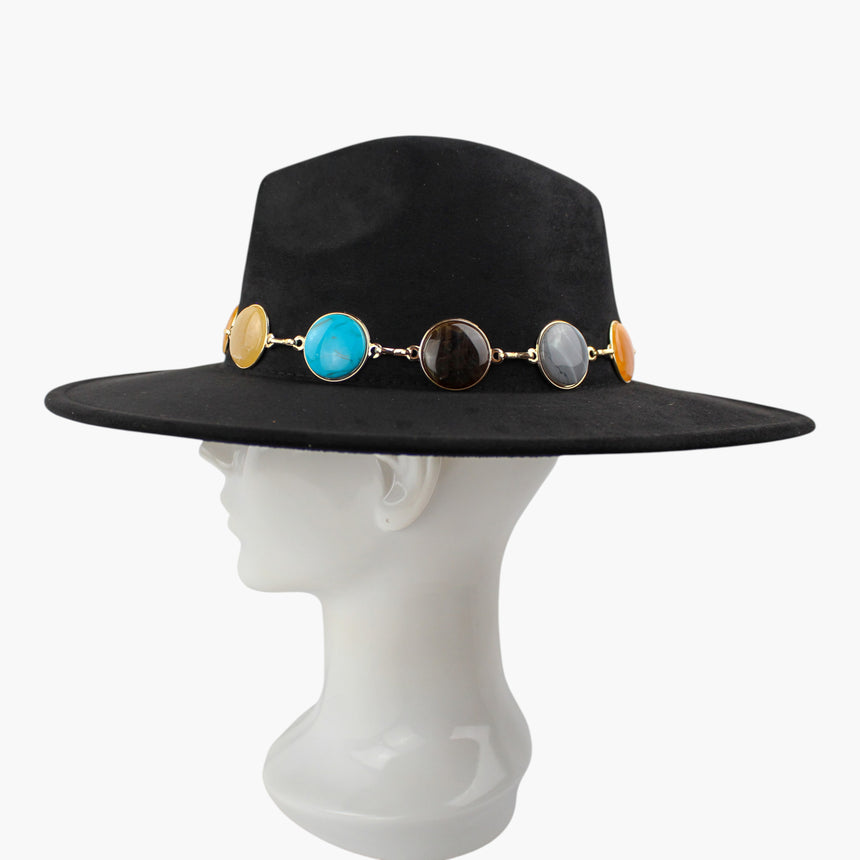 Marbled-Cabochon Faux-Suede Fedora hat, Black colorway in profile showing the crown standing straight above the flat brim