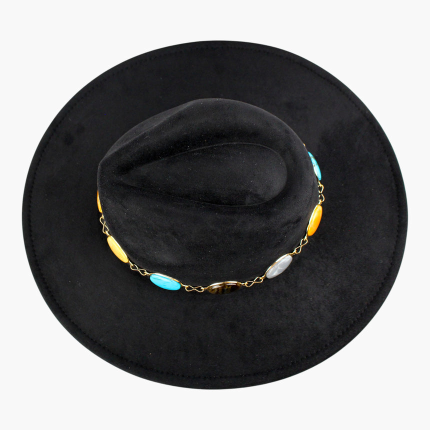 Marbled-Cabochon Faux-Suede Fedora hat, Black colorway seen from above showing the pinched crown and the cabochons edging it