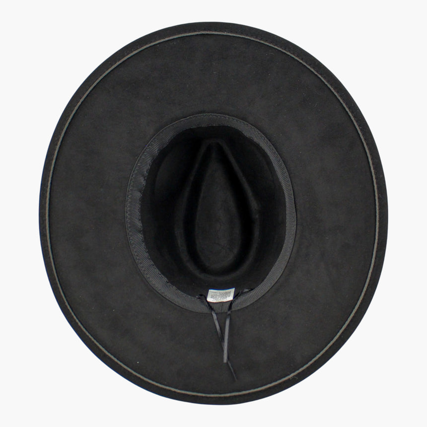 Marbled-Cabochon Faux-Suede Fedora hat, underside of the Black colorway showing the sweatband with the adjuster cord inside