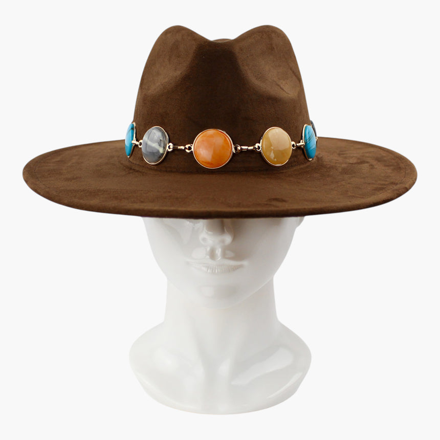 Marbled-Cabochon Faux-Suede Fedora hat, front view of the Brown colorway showing the full run of cabochons across the band