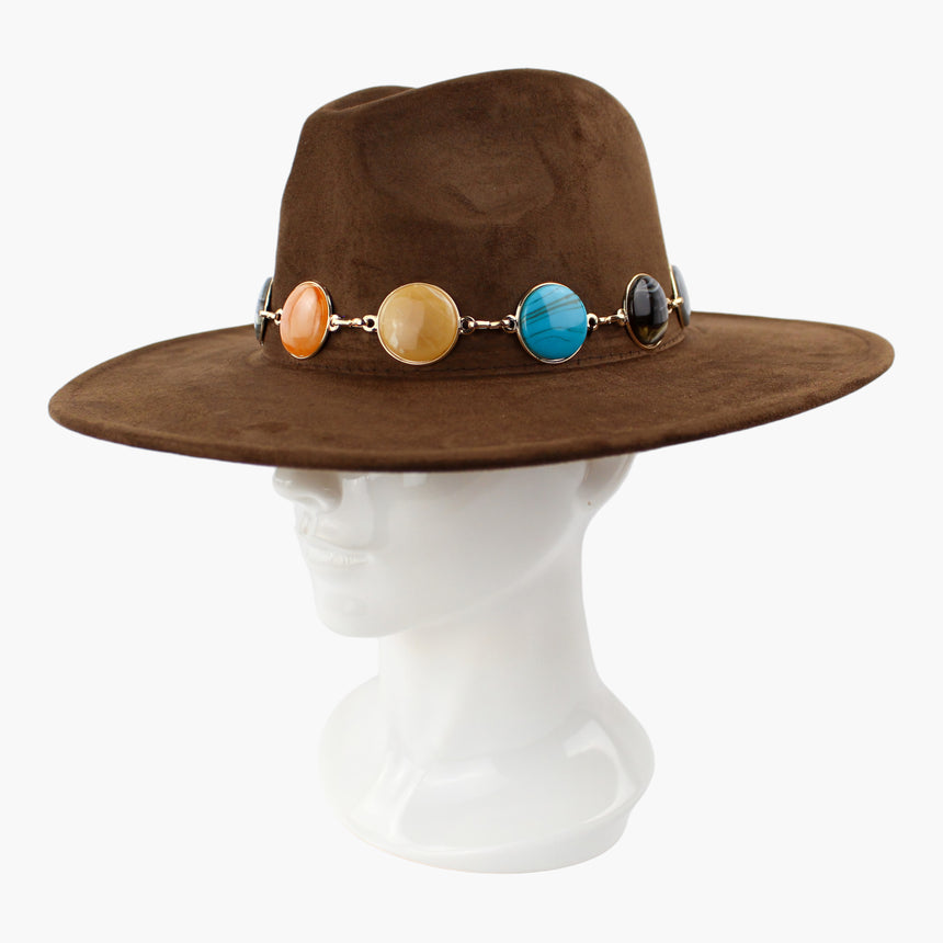 Marbled-Cabochon Faux-Suede Fedora hat, Brown colorway at a three-quarter angle showing the turquoise-tone side cabochon