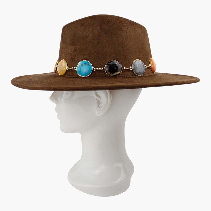 Marbled-Cabochon Faux-Suede Fedora hat, Brown colorway in profile showing the wide flat brim seen edge on