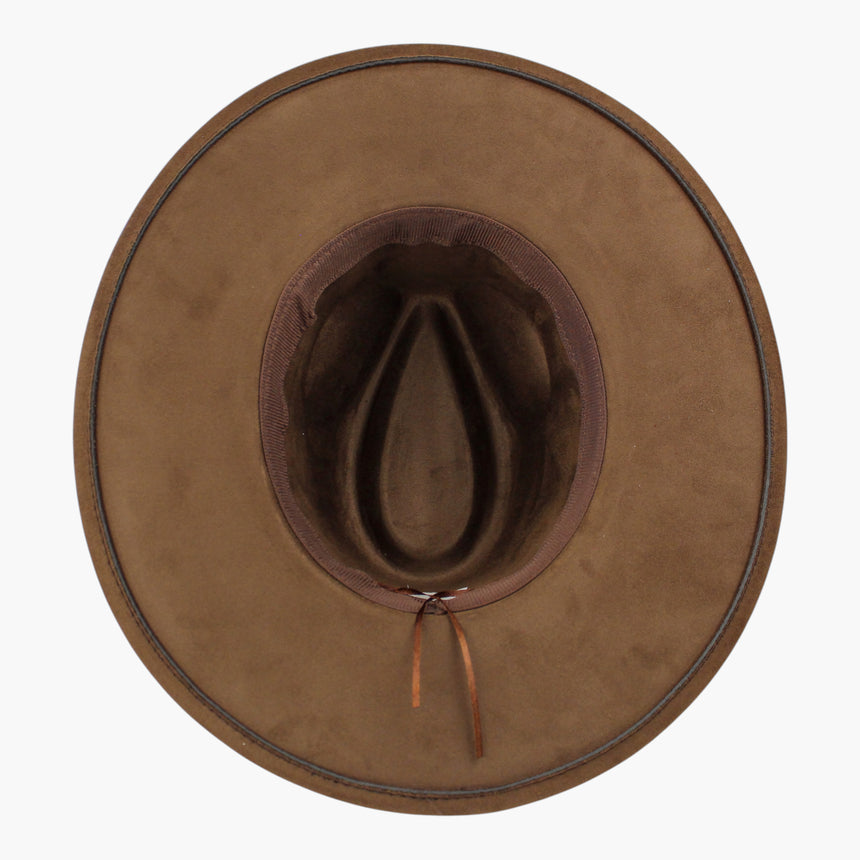Marbled-Cabochon Faux-Suede Fedora hat, underside of the Brown colorway showing the tan adjuster cord tied at the sweatband