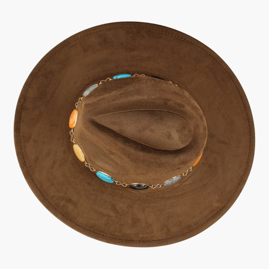 Marbled-Cabochon Faux-Suede Fedora hat, Brown colorway seen from above showing the teardrop crease and the chain around it