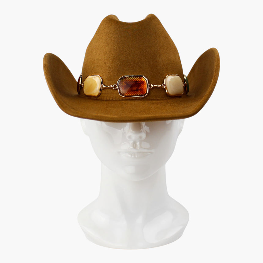 Multi-Cabochon Faux-Suede Western hat, front view of the Camel colorway showing the amber-tone cabochon at the band center
