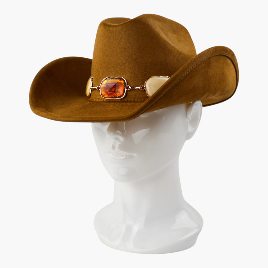 Multi-Cabochon Faux-Suede Western hat, Camel colorway at a three-quarter angle showing the gold-tone bar links at the side