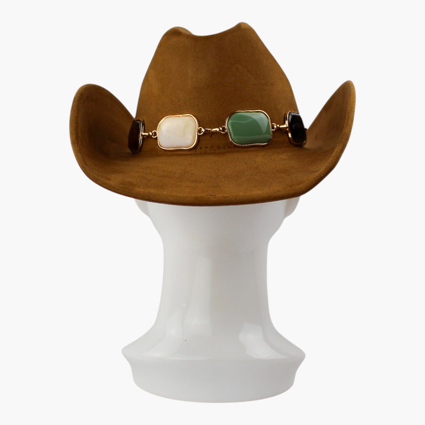 Multi-Cabochon Faux-Suede Western hat, back view of the Camel colorway showing the green-tone and dark-tone cabochons