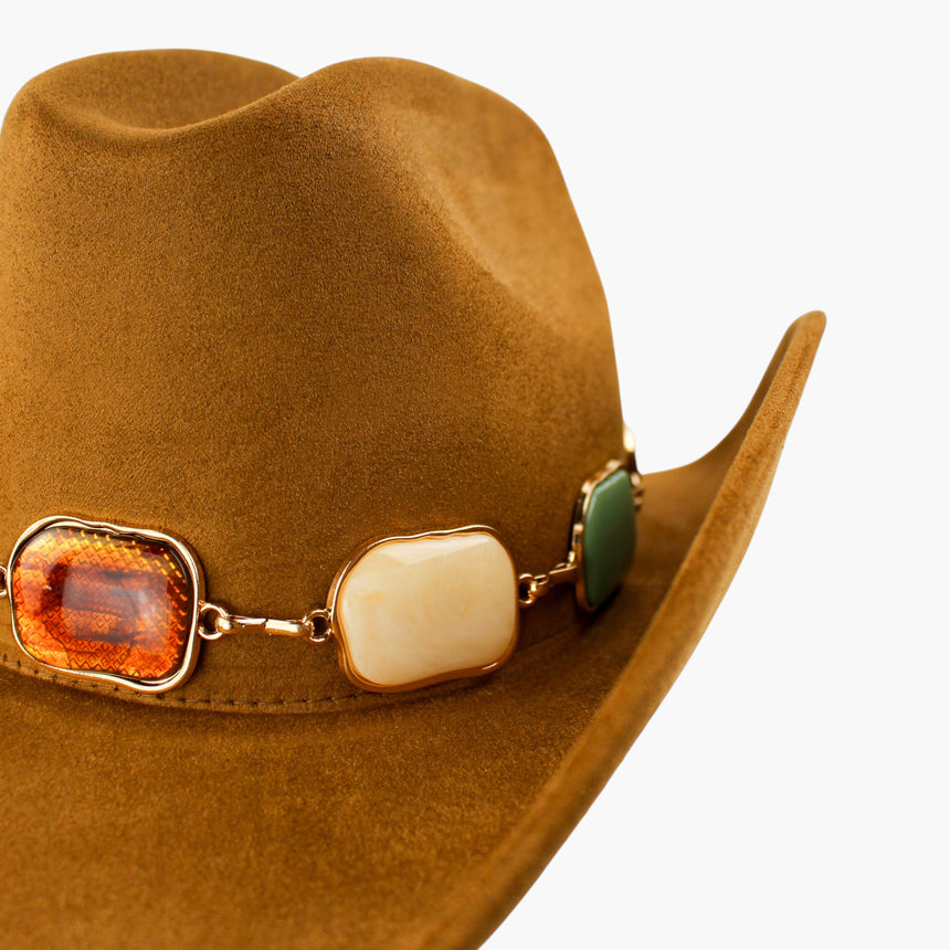 Multi-Cabochon Faux-Suede Western hat, Camel colorway in close-up showing the cross-hatched faceting inside the cabochon