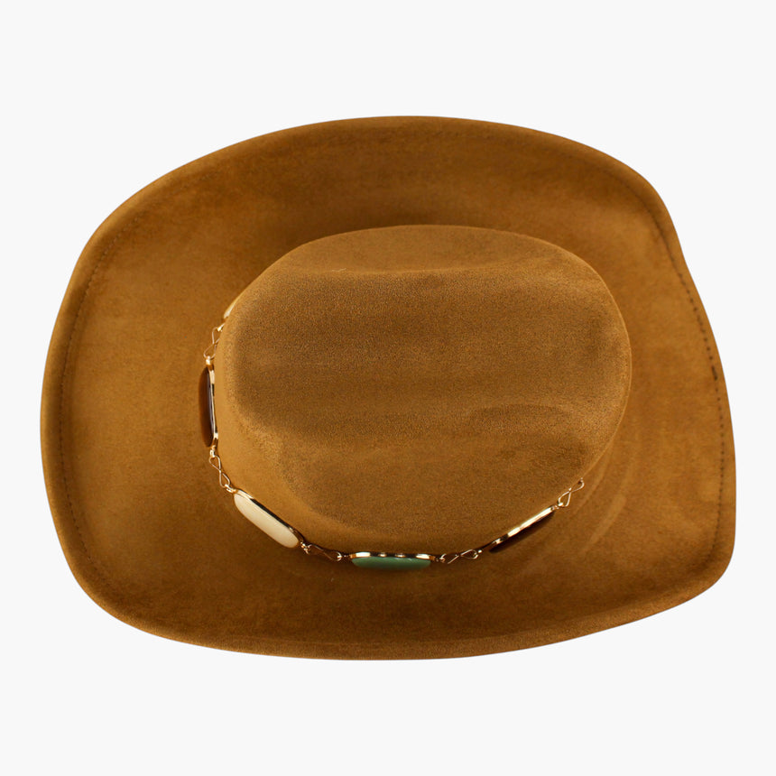 Multi-Cabochon Faux-Suede Western hat, Camel colorway seen from above showing the chain-link band circling the crown base