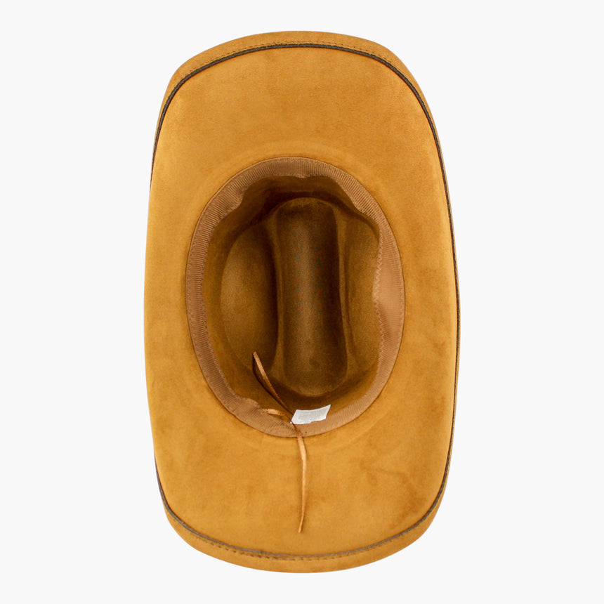 Multi-Cabochon Faux-Suede Western hat, underside of the Camel colorway showing the sweatband ring and its adjuster cord