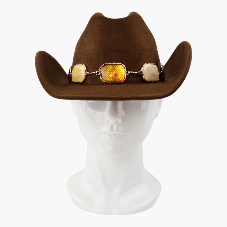 Multi-Cabochon Faux-Suede Western hat, front view of the Chocolate colorway showing the amber-tone cabochon on a deeper body
