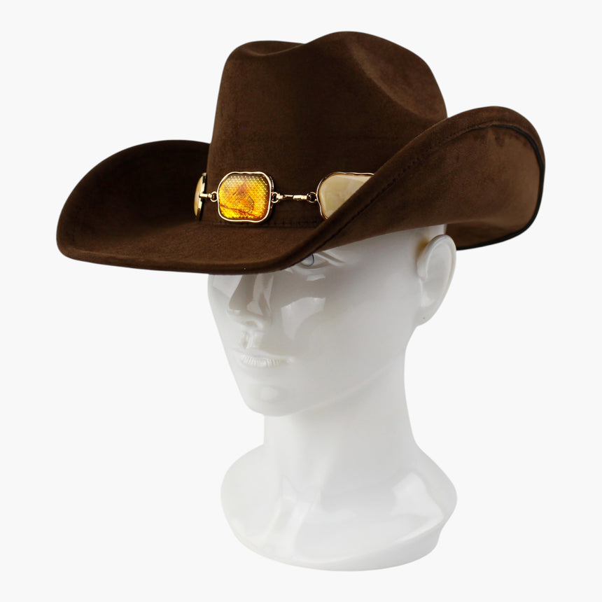 Multi-Cabochon Faux-Suede Western hat, Chocolate colorway at a three-quarter angle showing the stitched brim edge at the side
