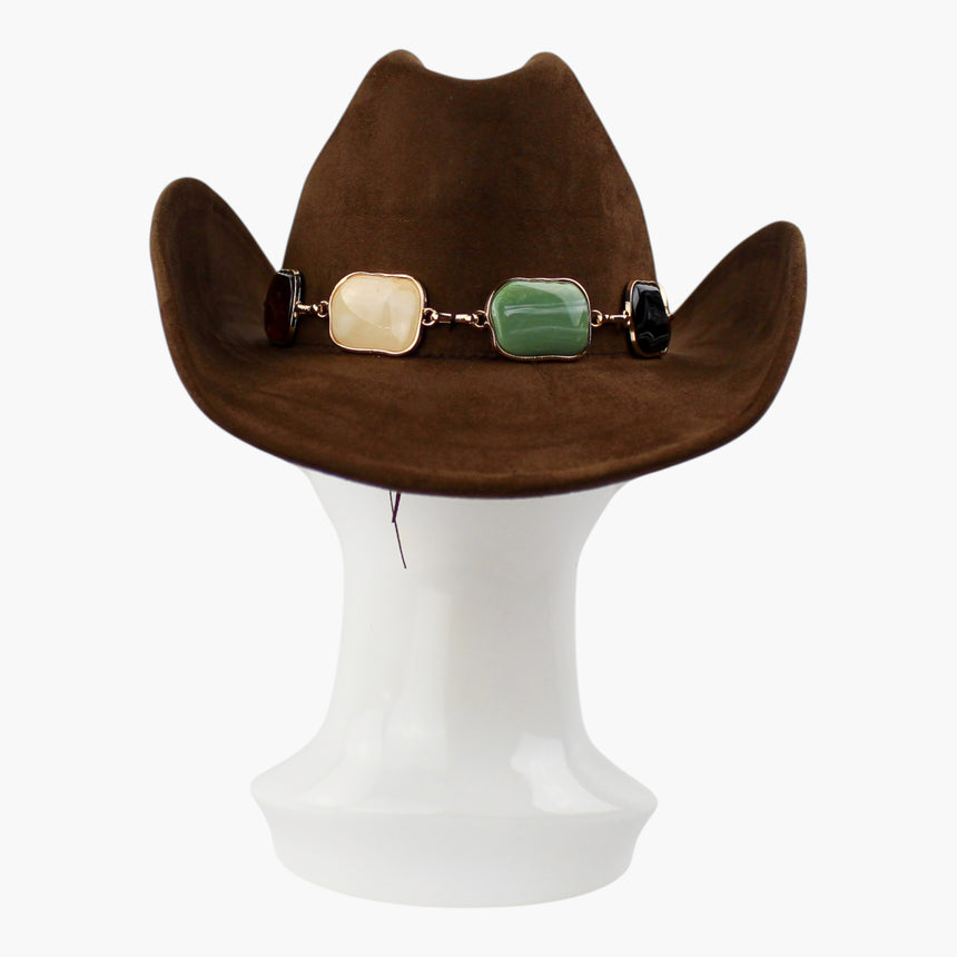 Multi-Cabochon Faux-Suede Western hat, back view of the Chocolate colorway showing the green-tone cabochon at the back