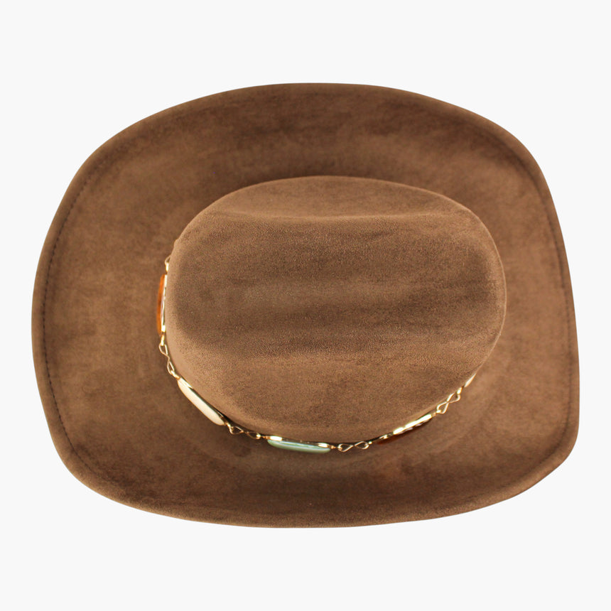 Multi-Cabochon Faux-Suede Western hat, Chocolate colorway seen from above showing the cattleman crease and the chain band