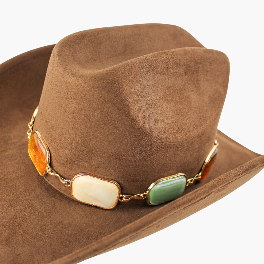 Multi-Cabochon Faux-Suede Western hat, Chocolate colorway in close-up showing the twisted gold-tone chain links