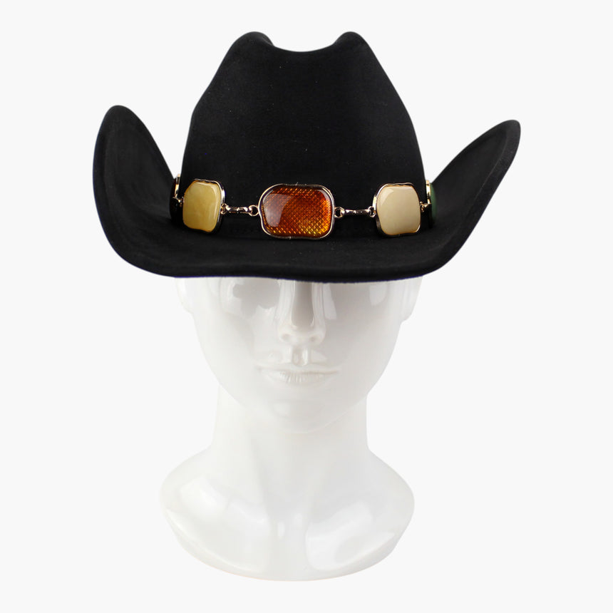 Multi-Cabochon Faux-Suede Western hat, front view of the Black colorway showing the amber-tone cabochon on the black body