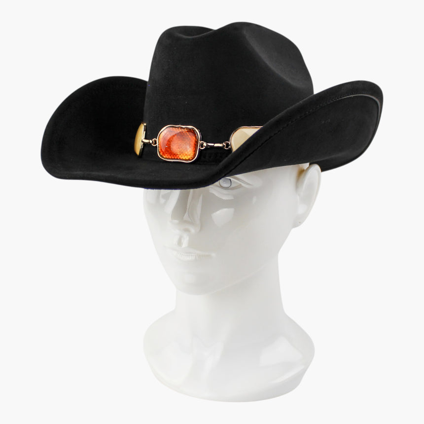 Multi-Cabochon Faux-Suede Western hat, Black colorway at a three-quarter angle showing the curled brim sweeping past the band