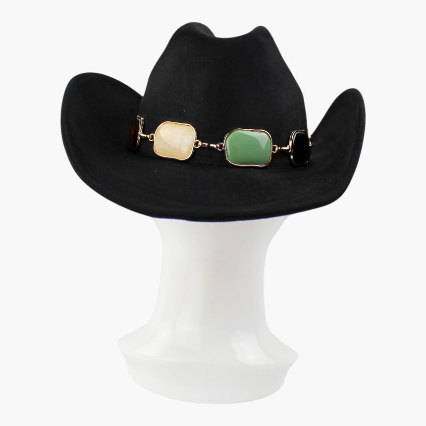 Multi-Cabochon Faux-Suede Western hat, back view of the Black colorway showing the cabochons across the back run of the band