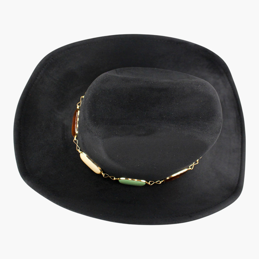 Multi-Cabochon Faux-Suede Western hat, Black colorway seen from above showing the full ring of gold-tone links at the base