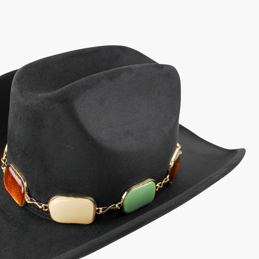 Multi-Cabochon Faux-Suede Western hat, Black colorway in close-up showing the cream and green-tone cabochons in their bezels