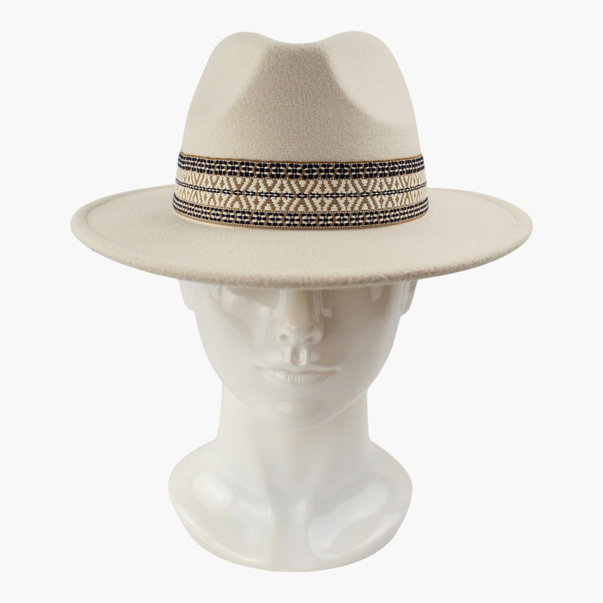 Navy-Jacquard Felt Fedora hat, front view showing the geometric jacquard ribbon across the crown front