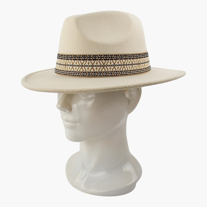 Navy-Jacquard Felt Fedora hat, at a three-quarter angle showing the navy and tan borders running around the ribbon