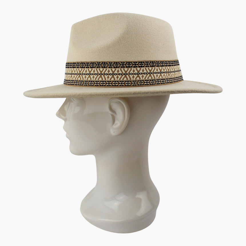 Navy-Jacquard Felt Fedora hat, in profile showing the flat brim line and the narrow gold-tone edging