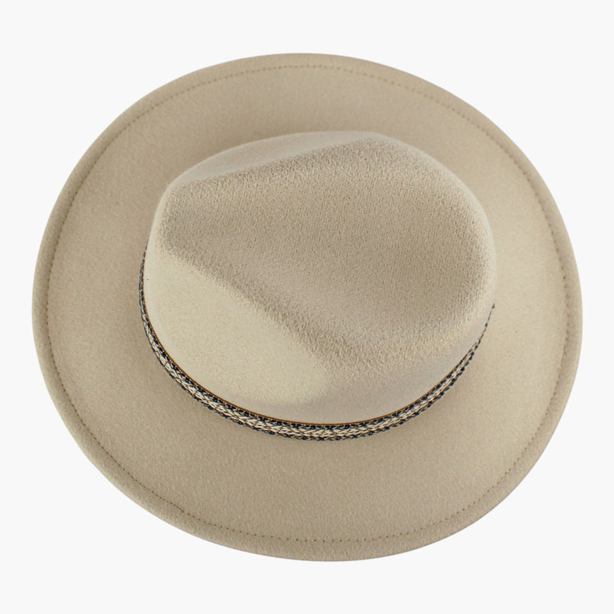 Navy-Jacquard Felt Fedora hat, seen from above showing the pinch-front crease and the flat disc of the brim