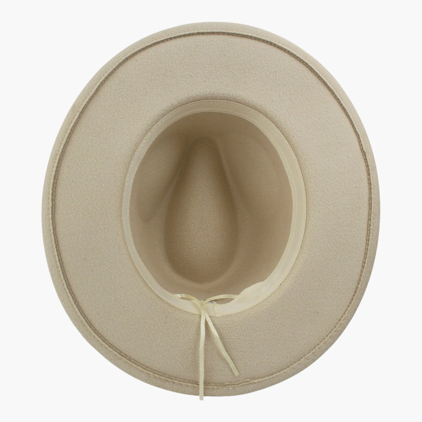 Navy-Jacquard Felt Fedora hat, underside showing the sweatband and the adjuster cord bowed at the back