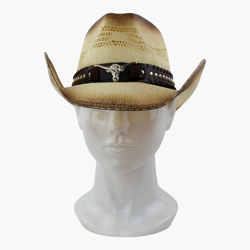 Ombre-Longhorn Straw Western hat, front view of the Ombre Brown colorway showing the silver-tone longhorn medallion
