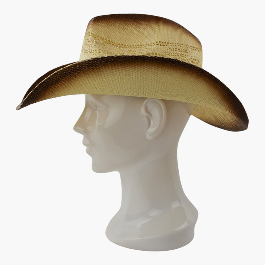 Ombre-Longhorn Straw Western hat, Ombre Brown colorway in profile showing the wide openwork lattice vent around the mid-crown