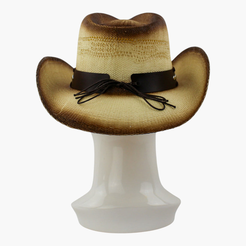 Ombre-Longhorn Straw Western hat, back view of the Ombre Brown colorway showing the braided cord tie bowed at the back