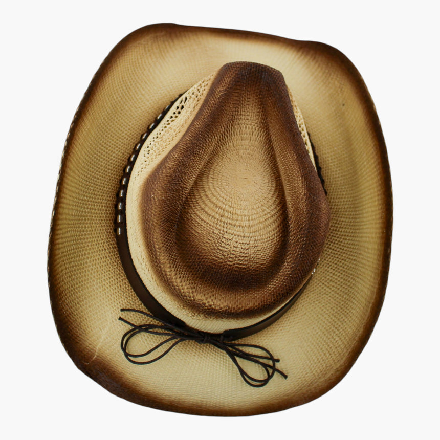 Ombre-Longhorn Straw Western hat, Ombre Brown colorway seen from above showing the cattleman crease running front to back