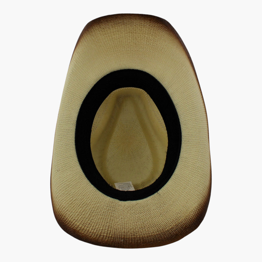 Ombre-Longhorn Straw Western hat, underside of the Ombre Brown colorway showing the black sweatband ring and the care label