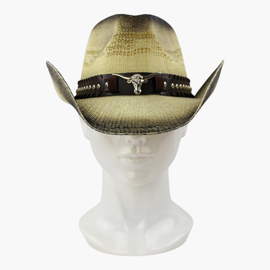 Ombre-Longhorn Straw Western hat, front view of the Charcoal colorway showing the two rows of round dome studs