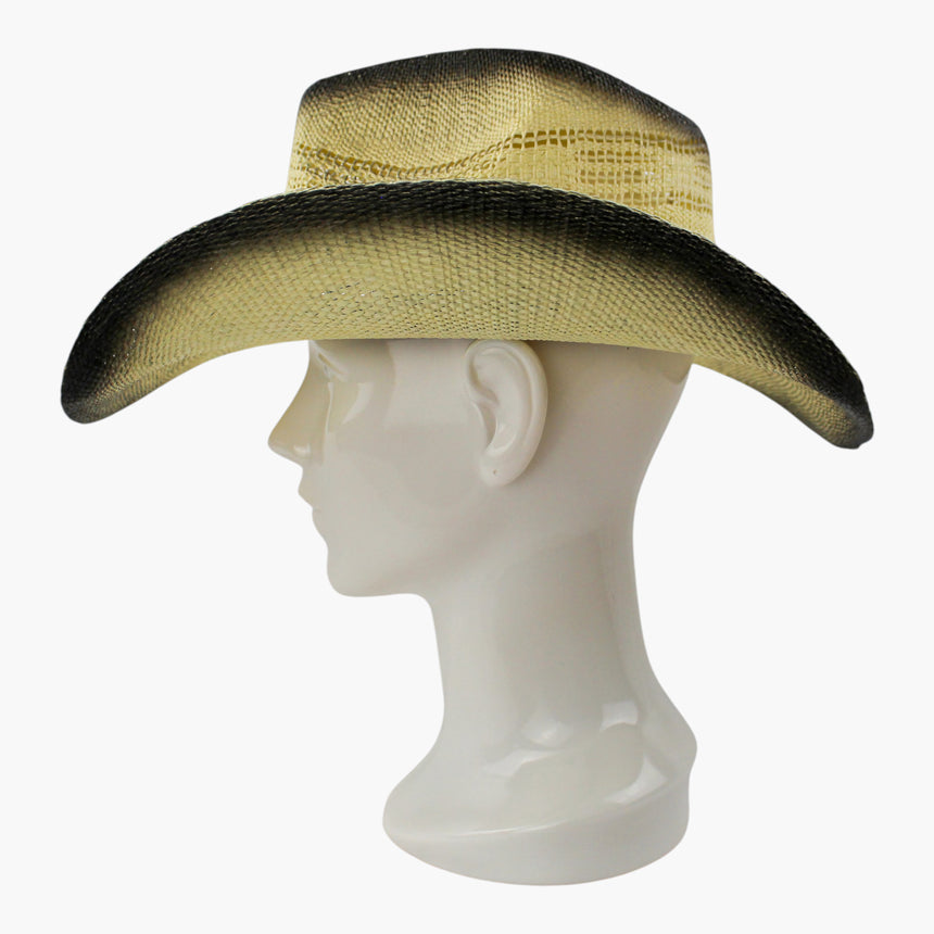 Ombre-Longhorn Straw Western hat, Charcoal colorway in profile showing the cool burn along the full sweep of the curled brim