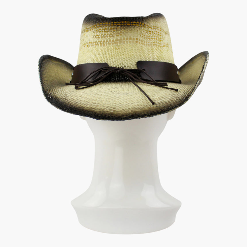 Ombre-Longhorn Straw Western hat, back view of the Charcoal colorway showing the crown lattice sitting above the band tie
