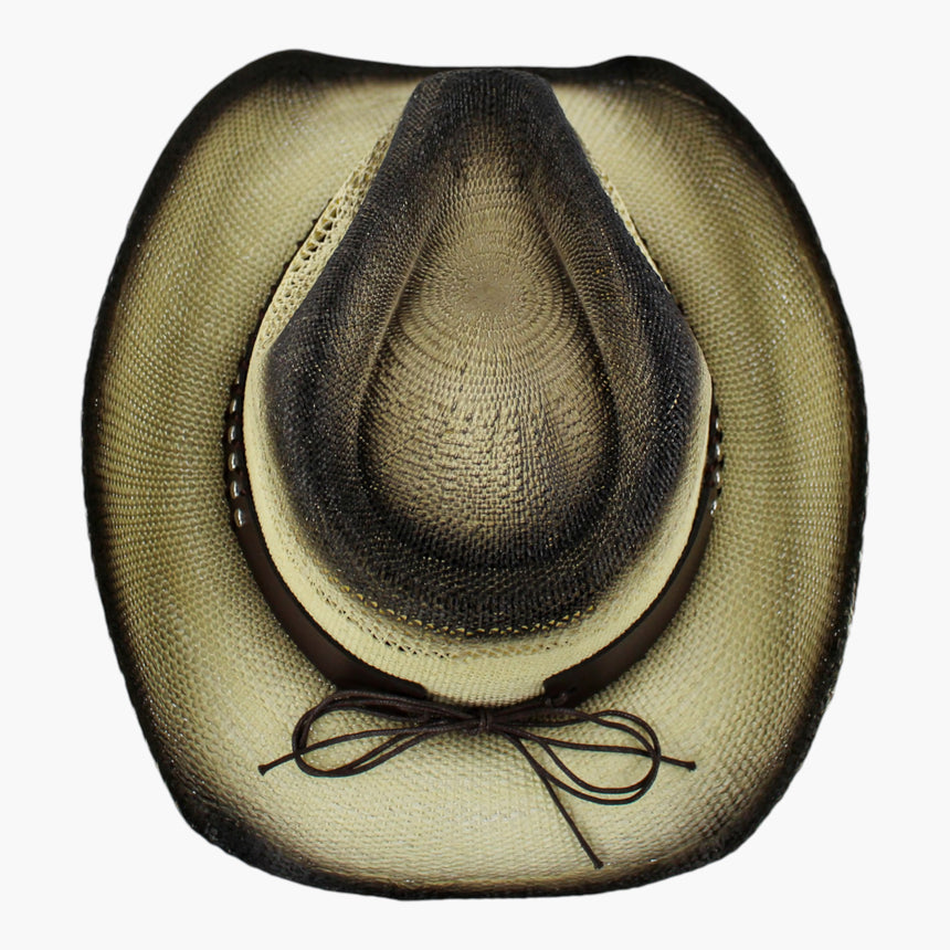 Ombre-Longhorn Straw Western hat, Charcoal colorway seen from above showing the gray-toned burn feathering across the crown