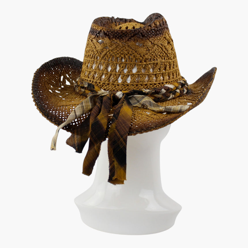 Ombre-Plaid Crochet Straw Western hat, at a rear three-quarter angle showing the tie knot and its long fringe tails