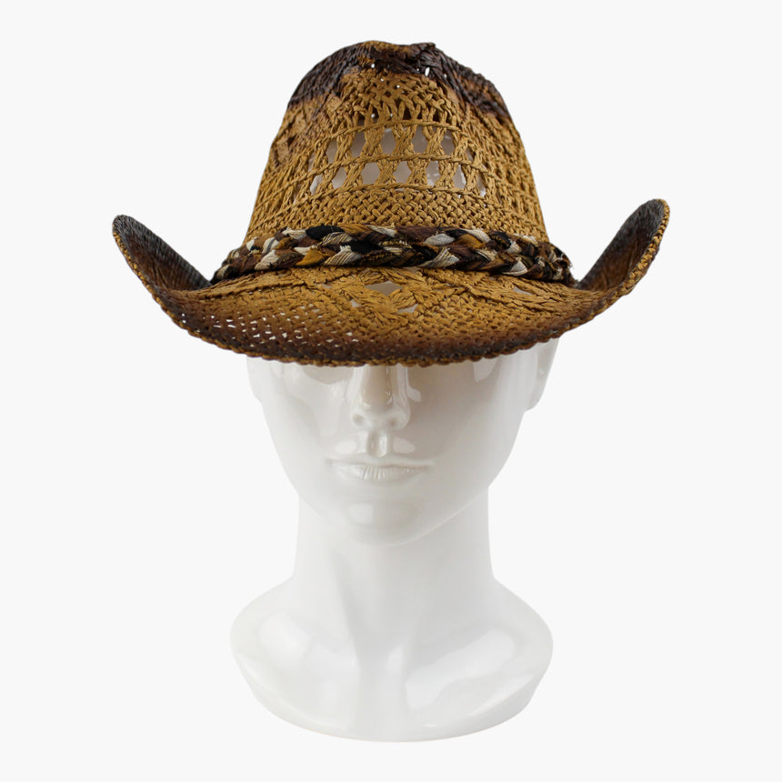 Ombre-Plaid Crochet Straw Western hat, front view showing the plaid tie across the crown base