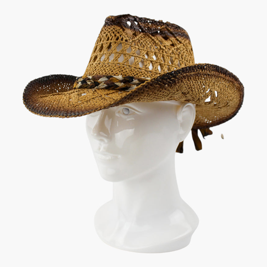 Ombre-Plaid Crochet Straw Western hat, at a three-quarter angle showing the burnt ombre deepening toward the curled brim edge